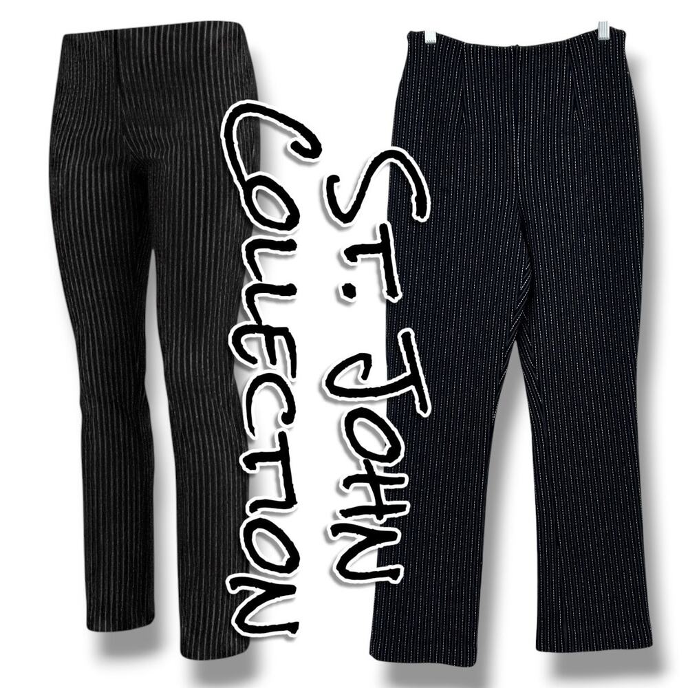 St. John Collection Black Striped Knit Pants Size 4 USA Elastic Quiet Luxury